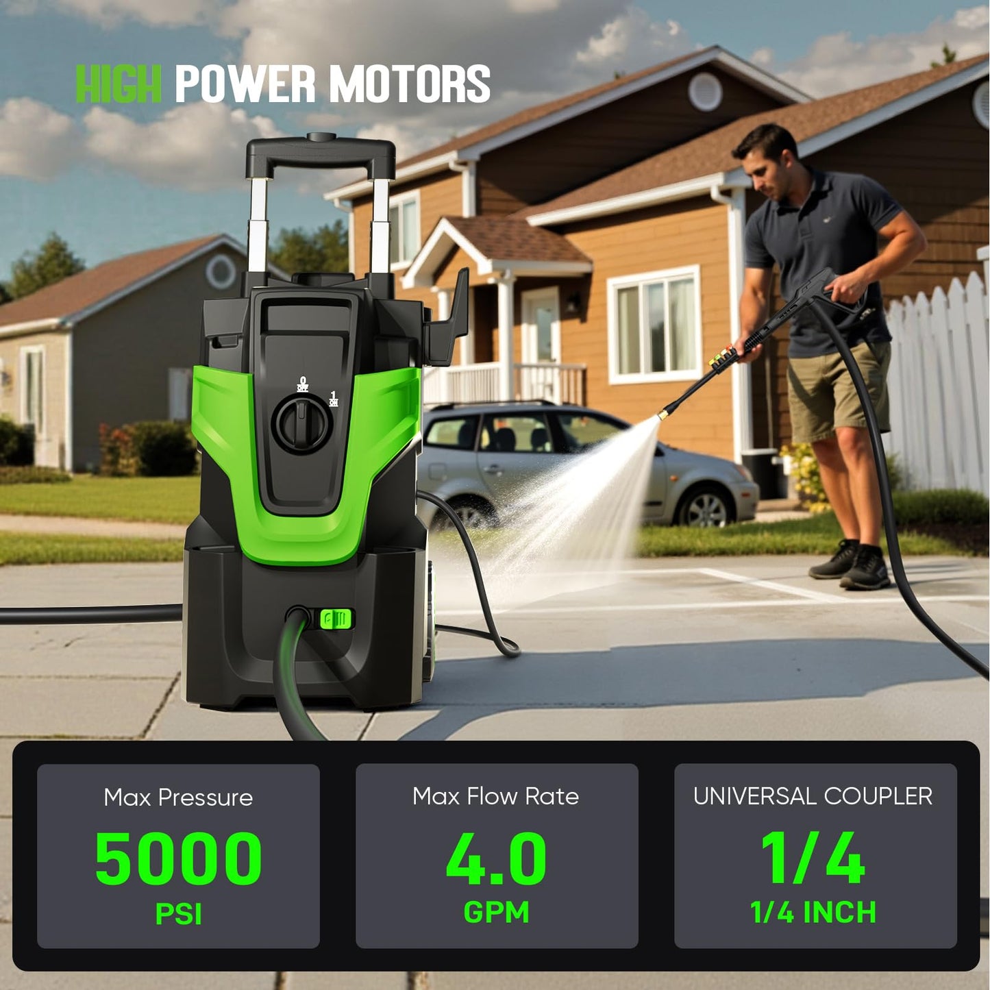 5000PSI Heavy Duty Pressure Washer, 3-Speed Adjustable Power Washer with 2-Stage Pull Rod, 4 Nozzles, Foam Cannon & 500ml Soap Bottle for Car, Home & Outdoor Cleaning,Green