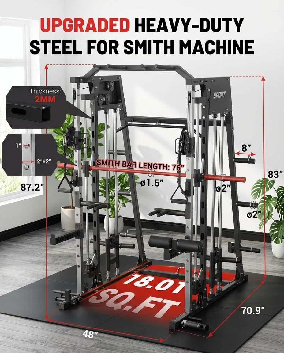 Smith Machine Home Gym All-in-1, 2200LBS Power Cage with Dual Cable Pulley Systems, LAT Pull-Down & Leg Hold-Down | Complete Strength Training Equipment for Full Body Workouts
