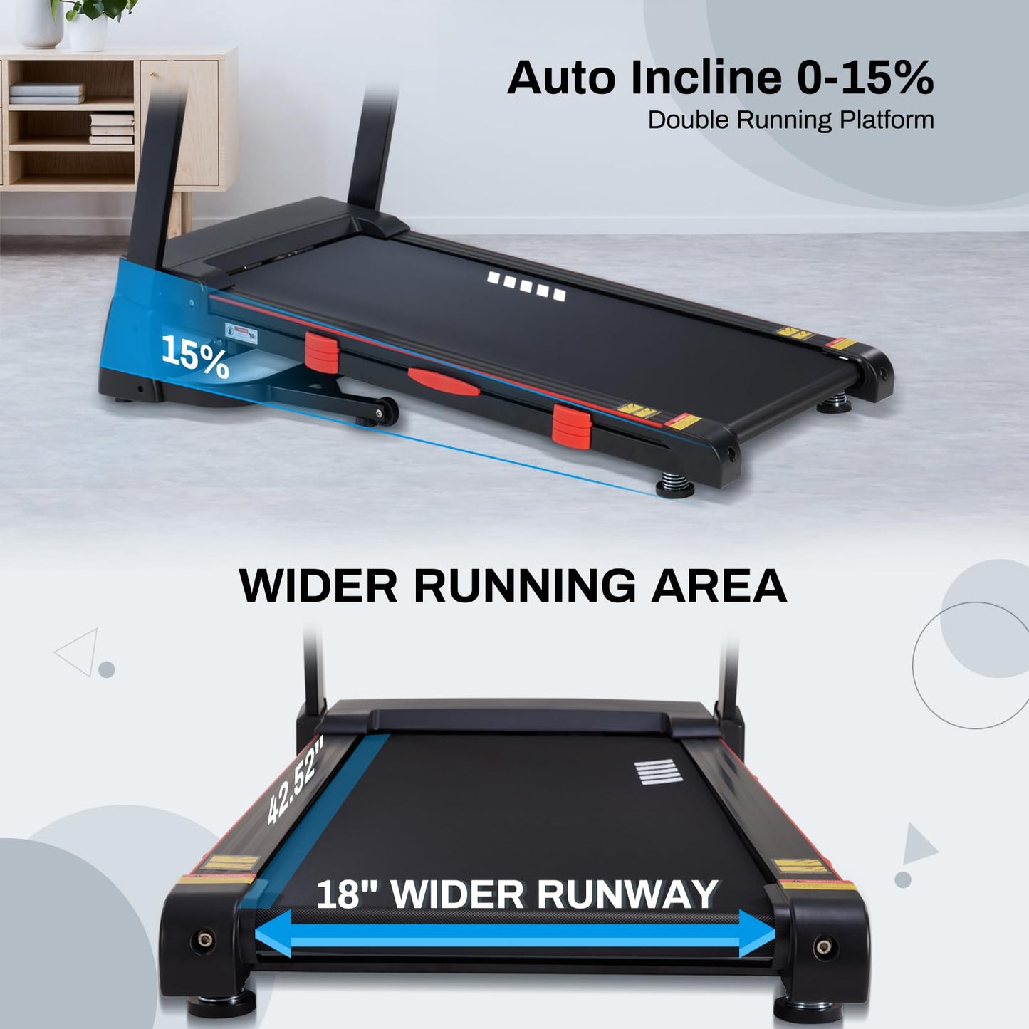 ATEEDGE Treadmills for Home, 15% Auto Incline, 0.5-10 MPH, 18" Belt, 3 HP, 350lb Capacity, Foldable, Bluetooth App