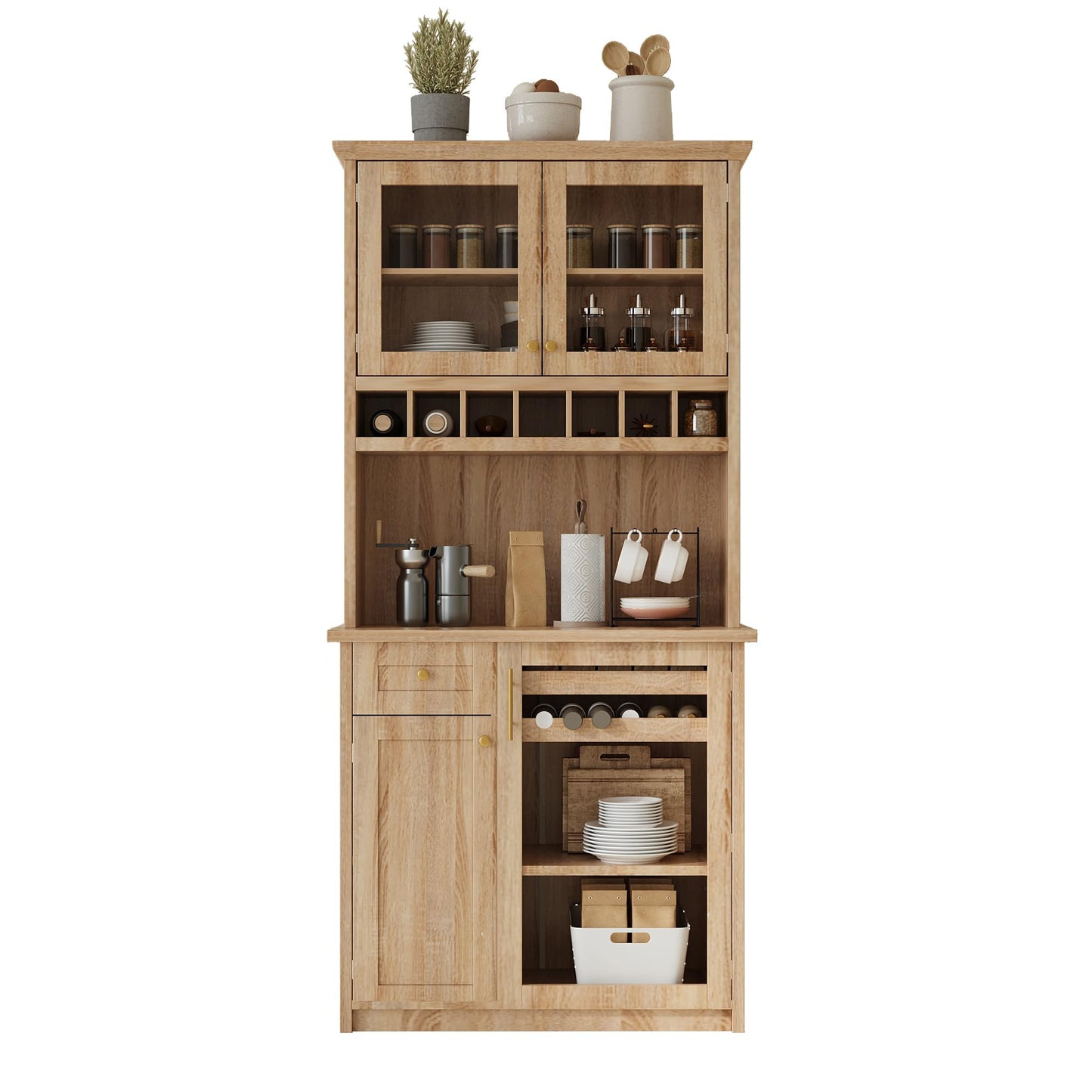 Merax 35.4"x17.7"x74.8" Farmhouse Freestanding Buffet with Hutch, Kitchen Pantry Storage Cabinet with Wine Rack and Adjustable Shelves for Dining Room, Natural