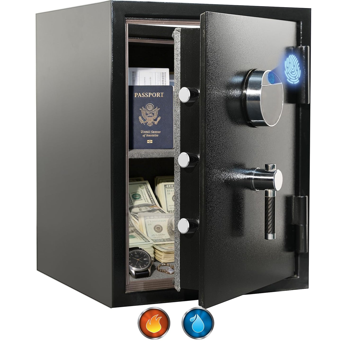 KEAR Fireproof Safe for Home, 4.5 Cub Large Heavy Duty Safe with Solid Metal Handle& Removable Shelf, Biometric Waterproof Safe box, Steel Security Safe for Documents, Cash & Valuables(Black)