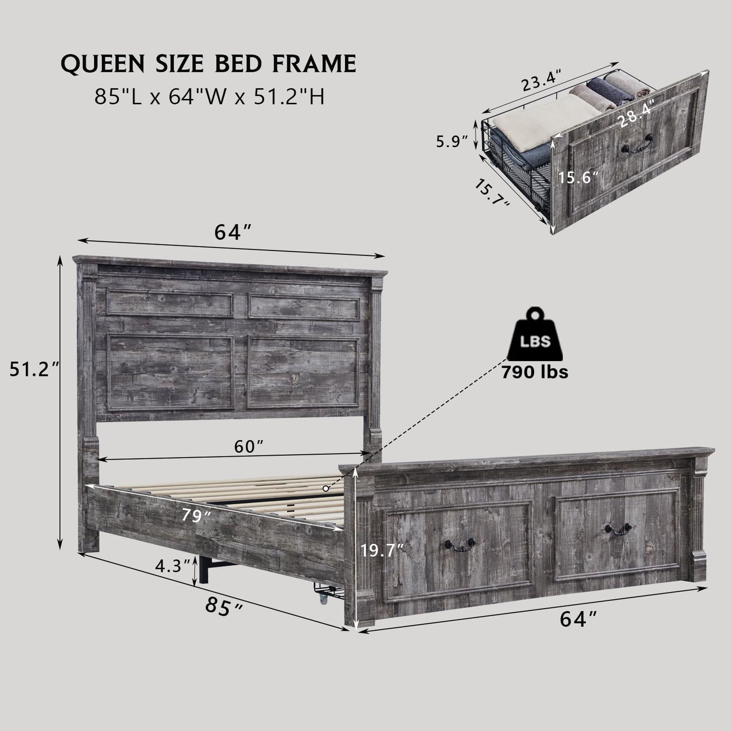 Aitjunz Farmhouse Queen Size Bed Frame with 51" Tall Headboard, Wood Platform Bed Frame with 20" Tall Roman Column Decoration Footboard & 2 Large Storage Drawers, No Box Spring Needed (Light Grey)