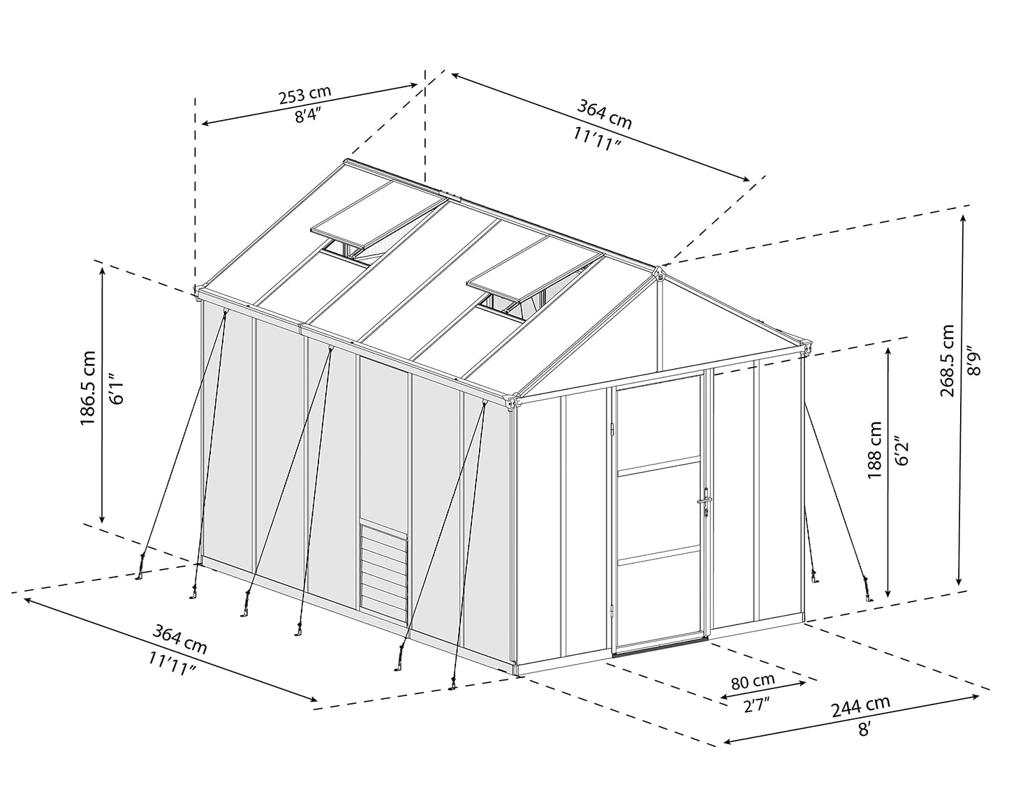 Palram - Canopia Glory 8 Ft. x 12 Ft. Greenhouse Kit Hobby DIY Walk In Green House Heavy Duty Polycarbonate with Aluminium Frame, with Lockable Door and Vent for Garden, Backyard (Gray)