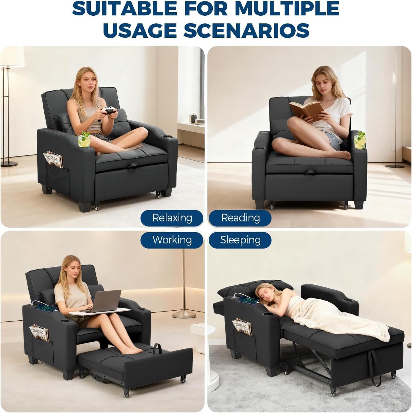 Sleeper Chair Pull Out Bed, 4 in 1 Convertible Sofa Chair Bed with Vibration Massage Lumbar Pillow, Single Sofa Recliner with USB/Type-C Port, Cup Holders and Side Pocket for Small Spaces (Black)