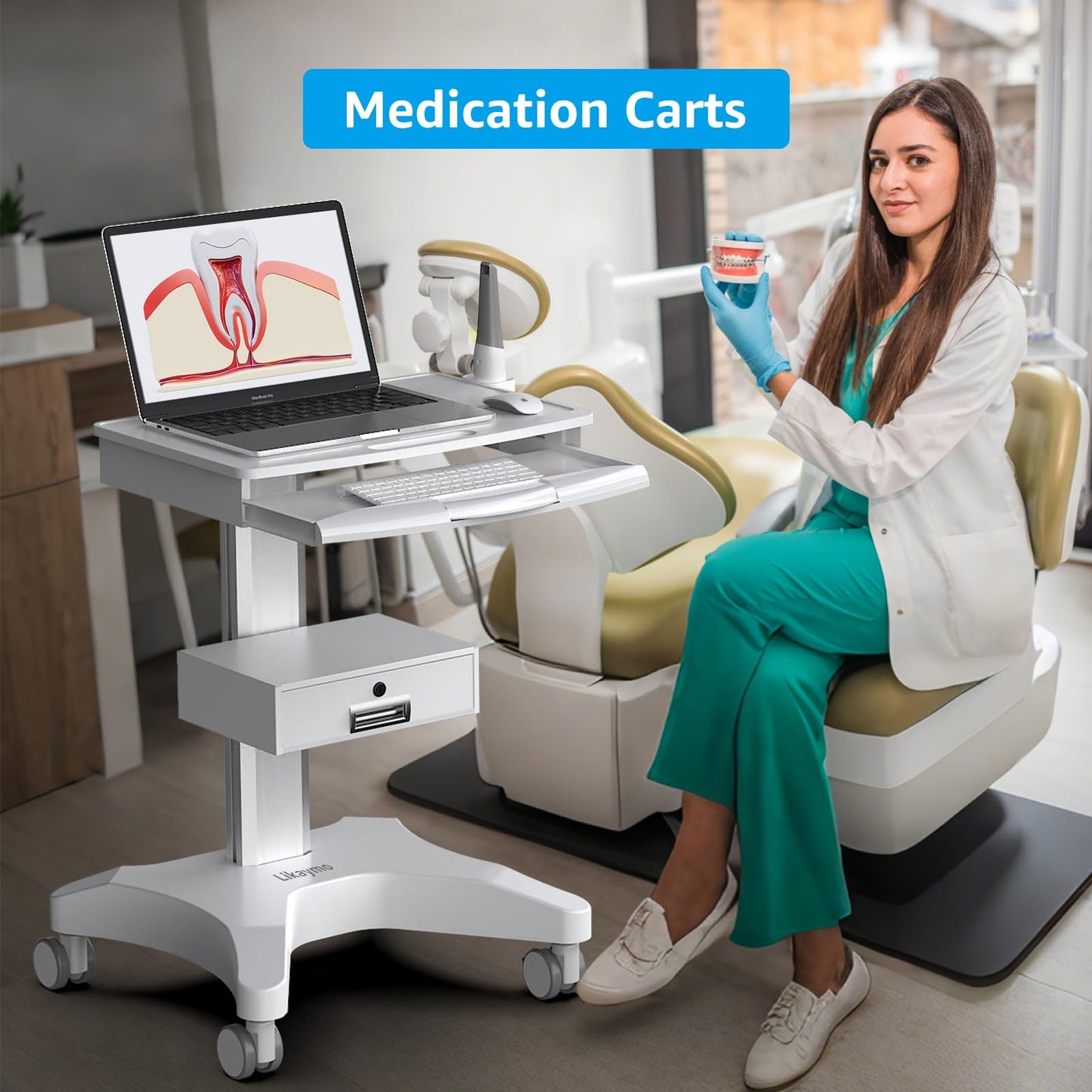 Medical Trolley Cart with Laptop Tray and Oral Scanner Holder, Mobile Workstation on Wheels with a Drawer for Hospital Dental Clinics Beauty Salons (OC-3)