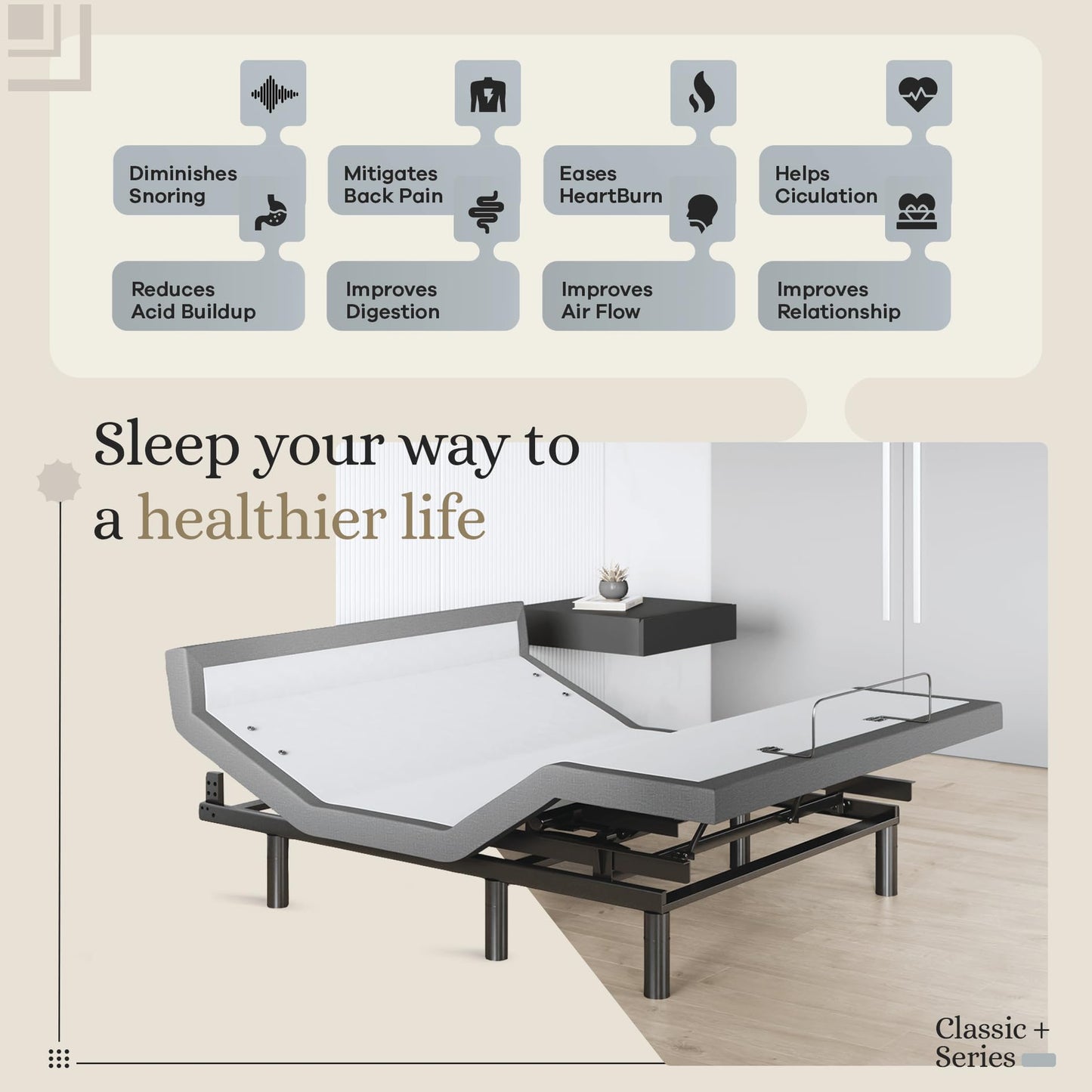 Sven & Son Harmony Adjustable Bed Base, Head and Foot Lift, Massage, Under-Bed Lights, USB, Memory, Zero Gravity Smart Frame - Queen