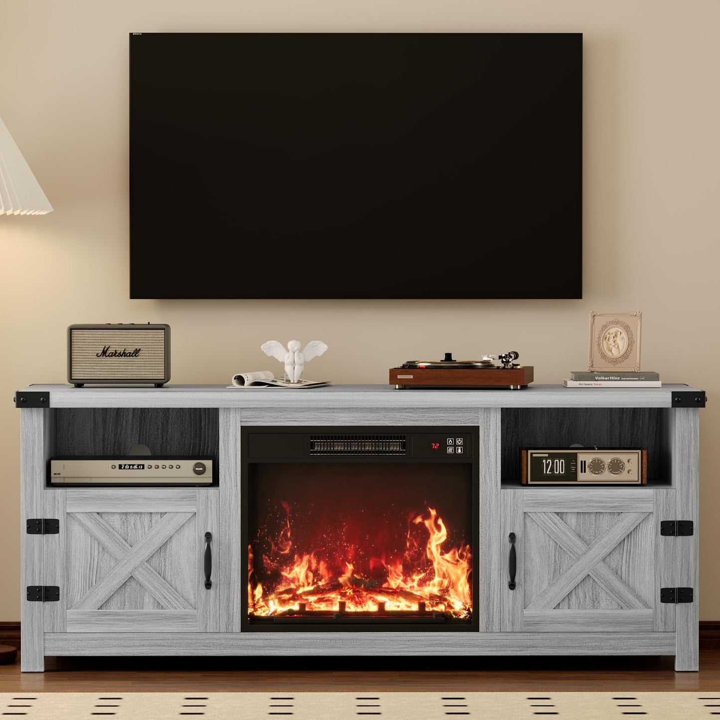 YESHOMY Fireplace TV Stand with Barn Doors and Open Display Shelf, Farmhouse Media Console with Hidden Cable Routing, Entertainment Center for Televisions up to 65+ Inch, Gray Wash
