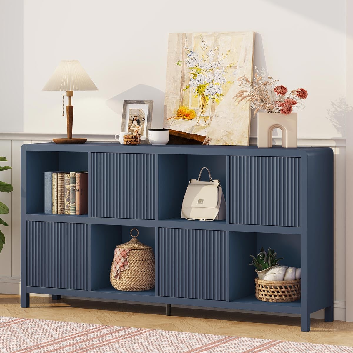 FATORRI 8 Cube Bookcase with 4 Doors, Wooden Bookshelf with Storage Cabinet, Low Horizontal Storage Book Shelf for Home Office, Living Room, Dining (57 Inch Blue)