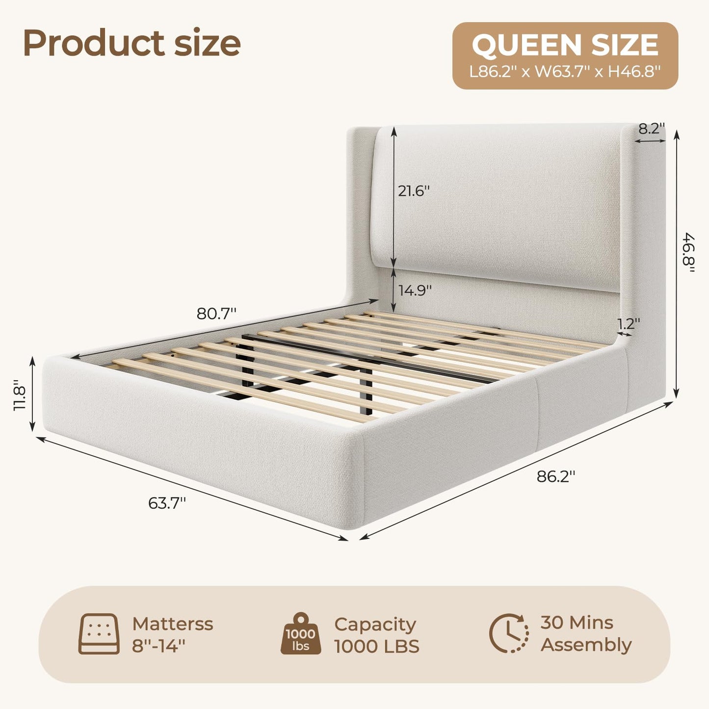 Hizyrina Queen Size Upholstered Bed Frame with 47" Wingback Headboard & LED Lights, Chenille Platform Bedframe with Wooden Slat Support, Non-Slip/Noise-Free/No Box Spring Needed/Easy Assembly, White