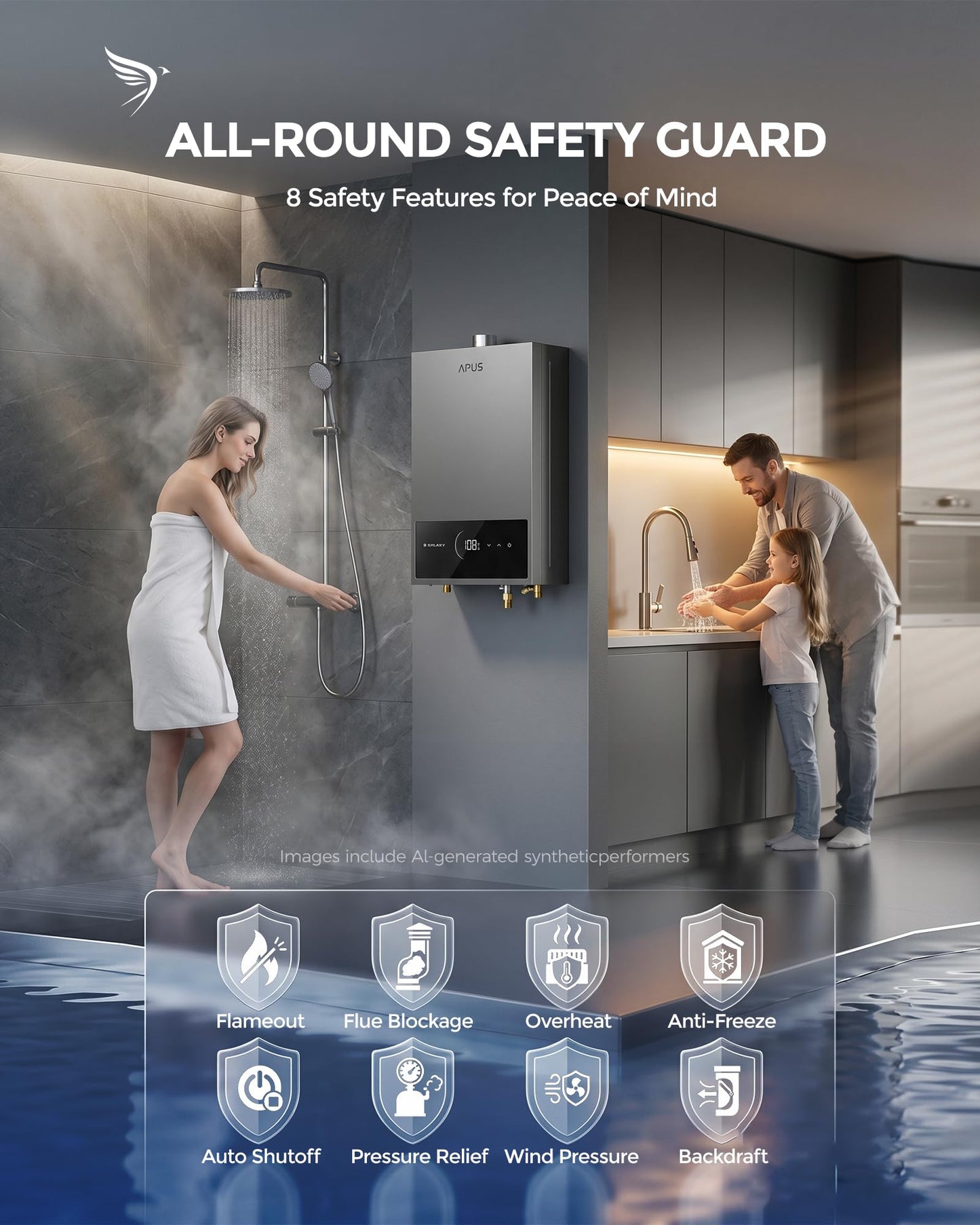 APUS Tankless Water Heater Propane Gas, Up to 3.6 GPM, Indoor Hot Water Heater, 80,000 BTU on Demand Instant Hot Water Heaters with Smart Digital Display