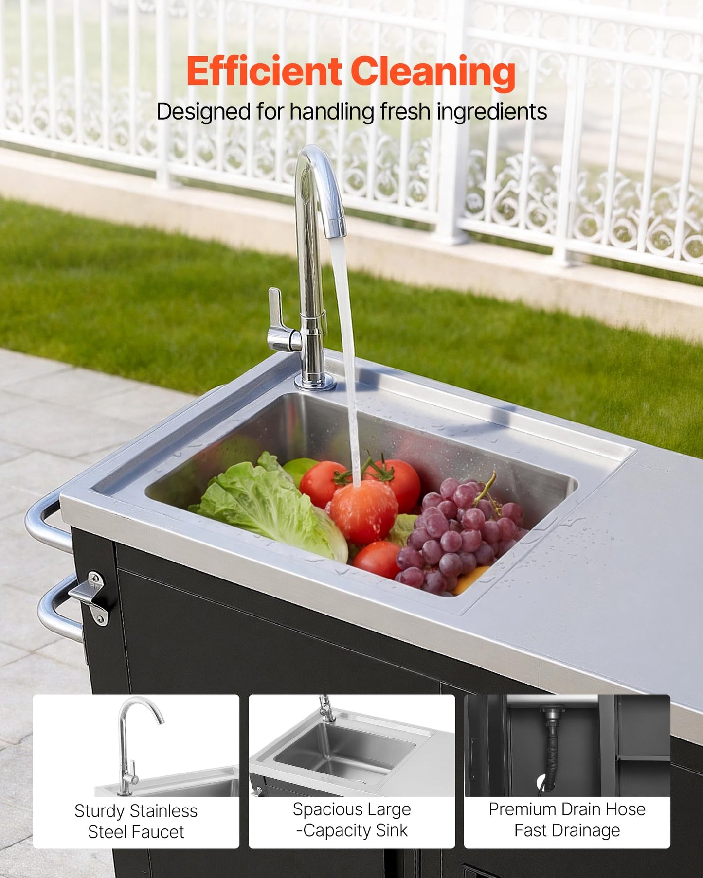 VEVOR Outdoor Grill Cart with Sink and Storage Cabinet, 38 Inch Grill Table, Waterproof Kitchen Island with Stainless Steel Top, Spice Rack, Wheel, Movable Food Prep Station for Patio Bar Backyard BBQ