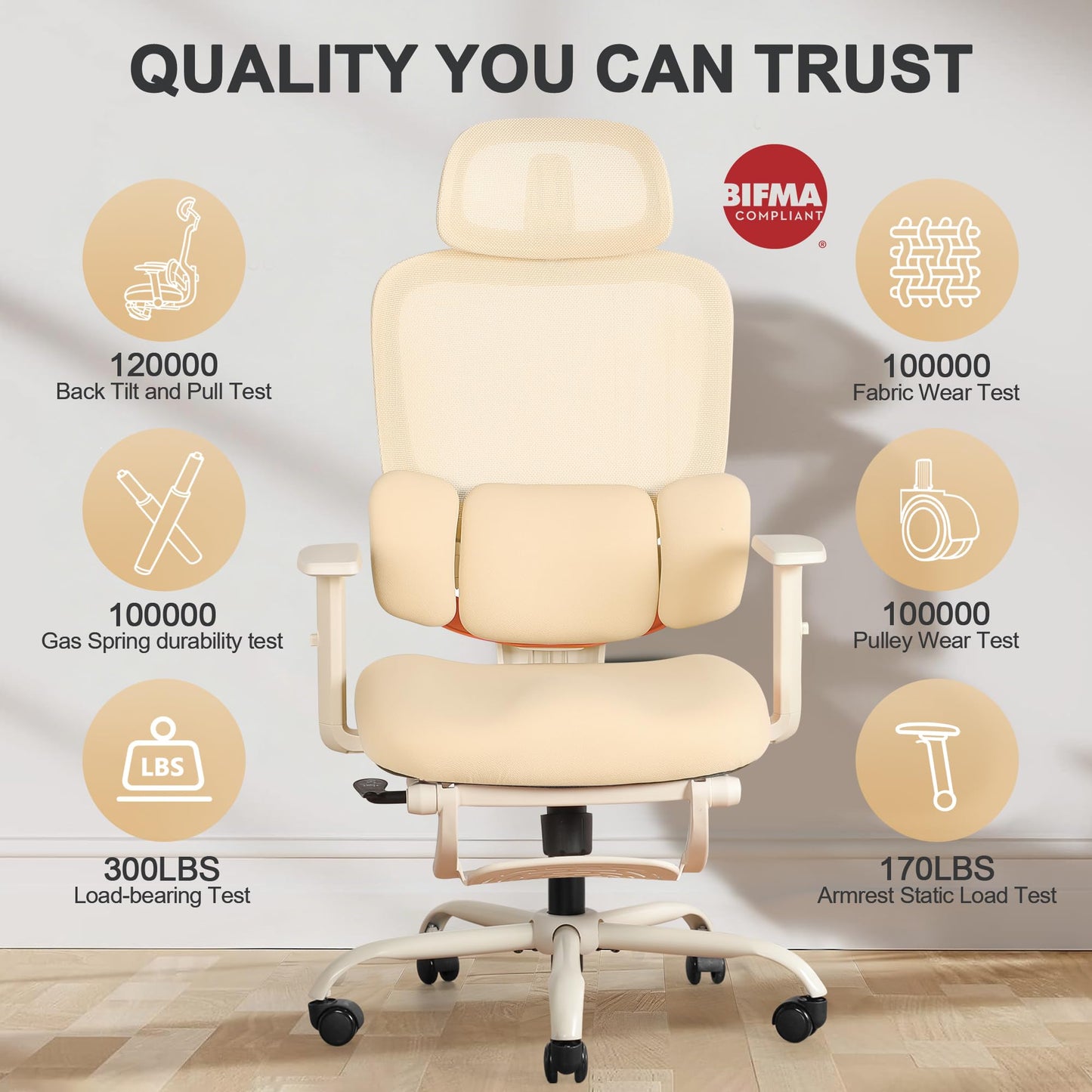 Ergonomic Office Chair with Footrest, Mesh Desk Chair with Adjustable Headrest & Armrests & Dynamic Floating Wing Lumbar Support, High Back Computer Chair for Home Office, BIFMA Certified, Beige