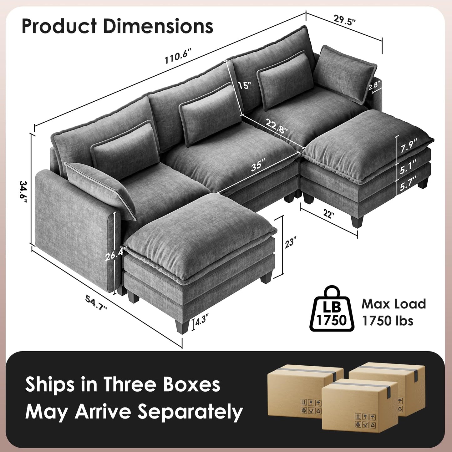 Marsail Modular Sectional Sofa 110.6" U-Shaped Modern Comfy Cloud Couch, 5-Seat Chenille Deep Seat Sofa with Throw Pillow & Movable Ottoman for Living Room, Bedroom and Apartment, Slate Gray