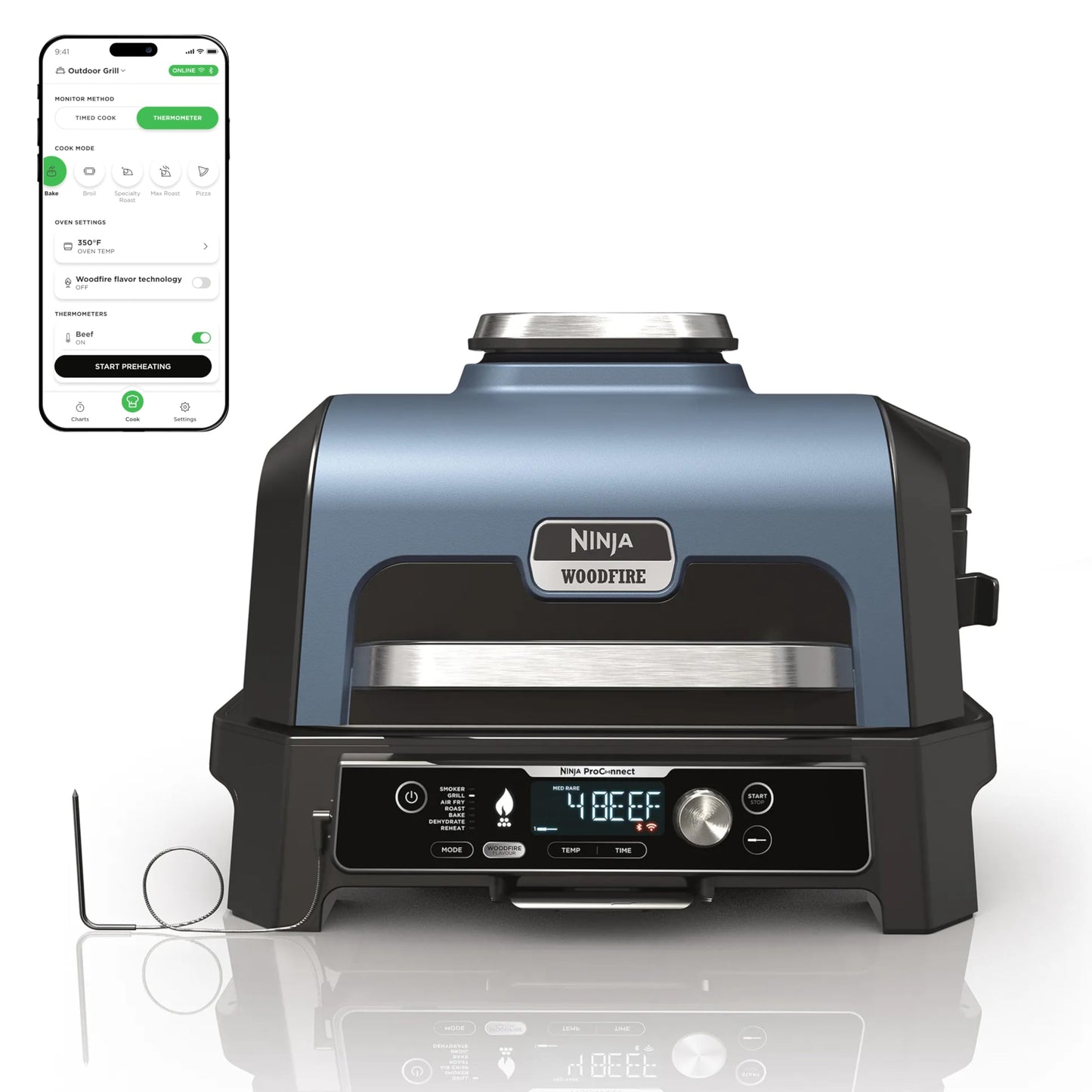 Ninja OG951 Woodfire Pro Connect Premium XL Outdoor Grill & Smoker, Bluetooth, App Enabled, 7-in-1 Master Grill, BBQ Smoker, Outdoor Air Fryer, Woodfire Technology, 2 Built-In Thermometers, Black/Blue