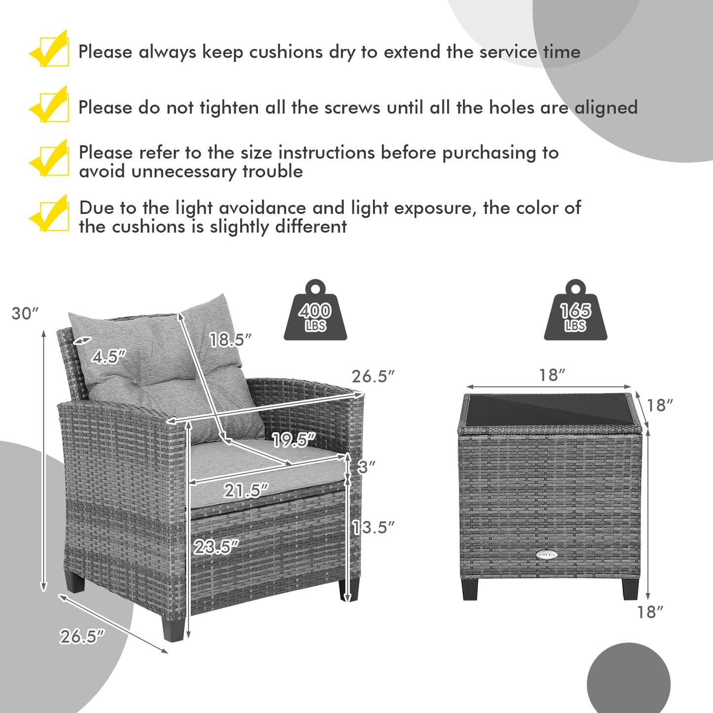 COSTWAY 3-Piece Patio Furniture Set, Outdoor Wicker Rattan Sofa with Cushions, Coffee Table with Tempered Glass, Conversation Sofa Set for Poolside Backyard Balcony (Grey)