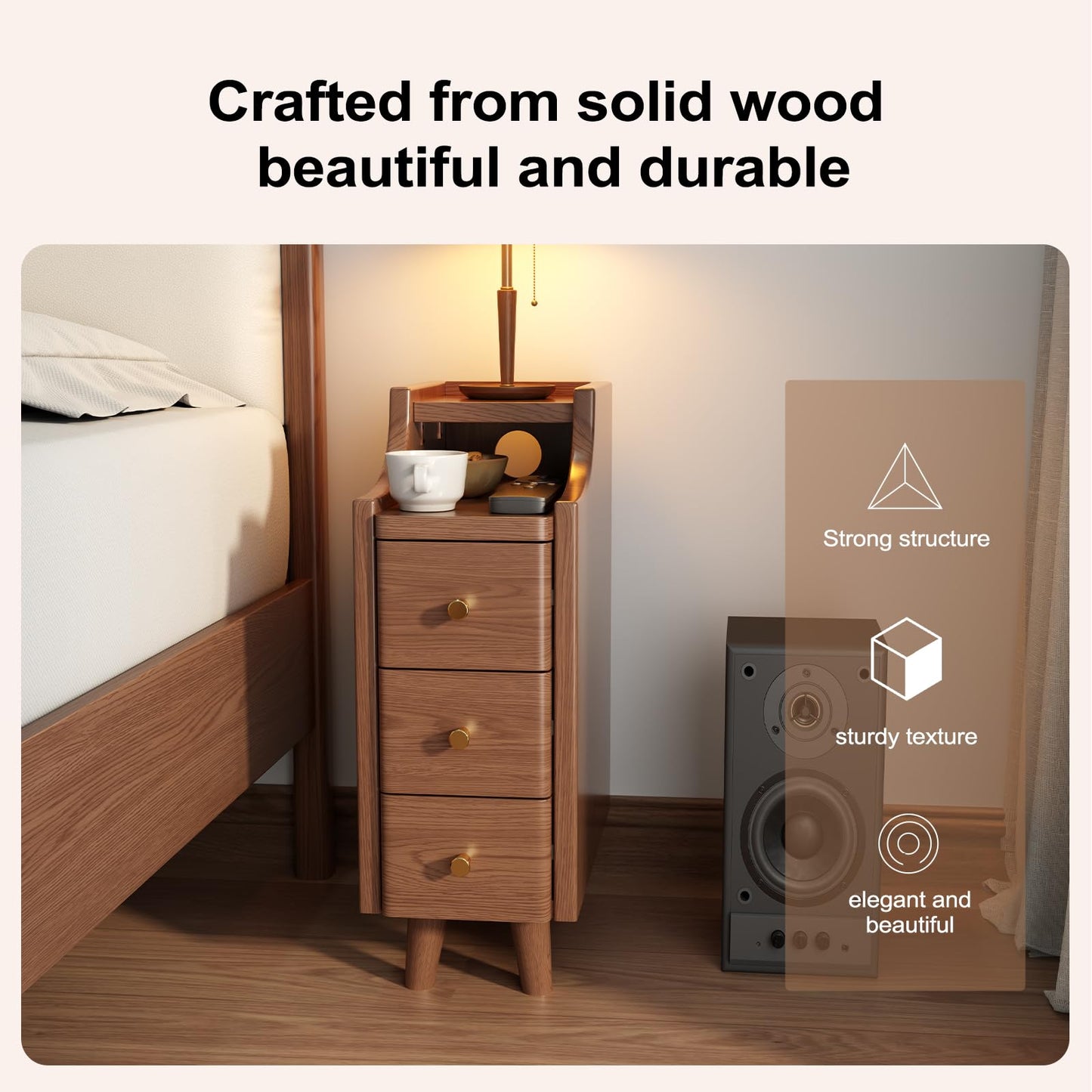 Solid Wood Narrow Nightstand with Drawers,Walnut Nightstand Wood Bedside Table Modern for Bedroom,Study,Toilet