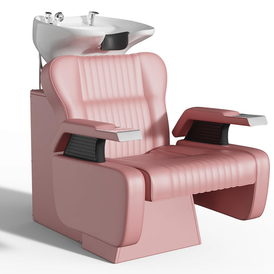 KIGOTY Salon Shampoo Backwash Chair, Shampoo Bowl and Chair Set, Hair Washing Station with Large Adjustable Ceramic Bowl, Shampoo Bowl Sink Chair for Salon (Pink)