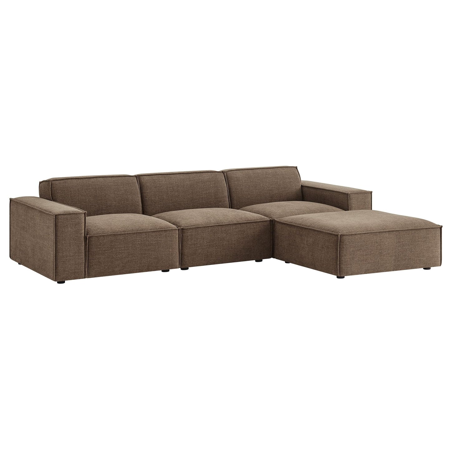 Modway Restore Performance Fabric Upholstered 4-Piece Modular Sofa Set with Ottoman in Mocha - Low Profile Sectional Sofa with Coil Seat Support and French Piping