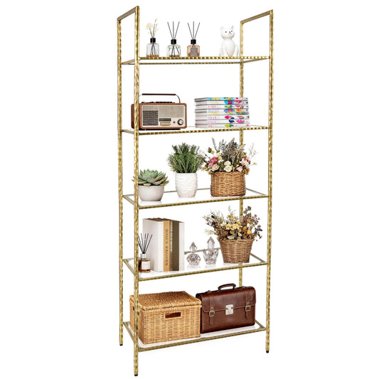 BEGINS 5 Tier Vintage Gold Bookshelf with Glass Shelves, Freestanding Tall Bookcase Display Rack with Hammered Texture Finish for Bedroom, Living Room, Home Office, Study, Entryway, Home Decor
