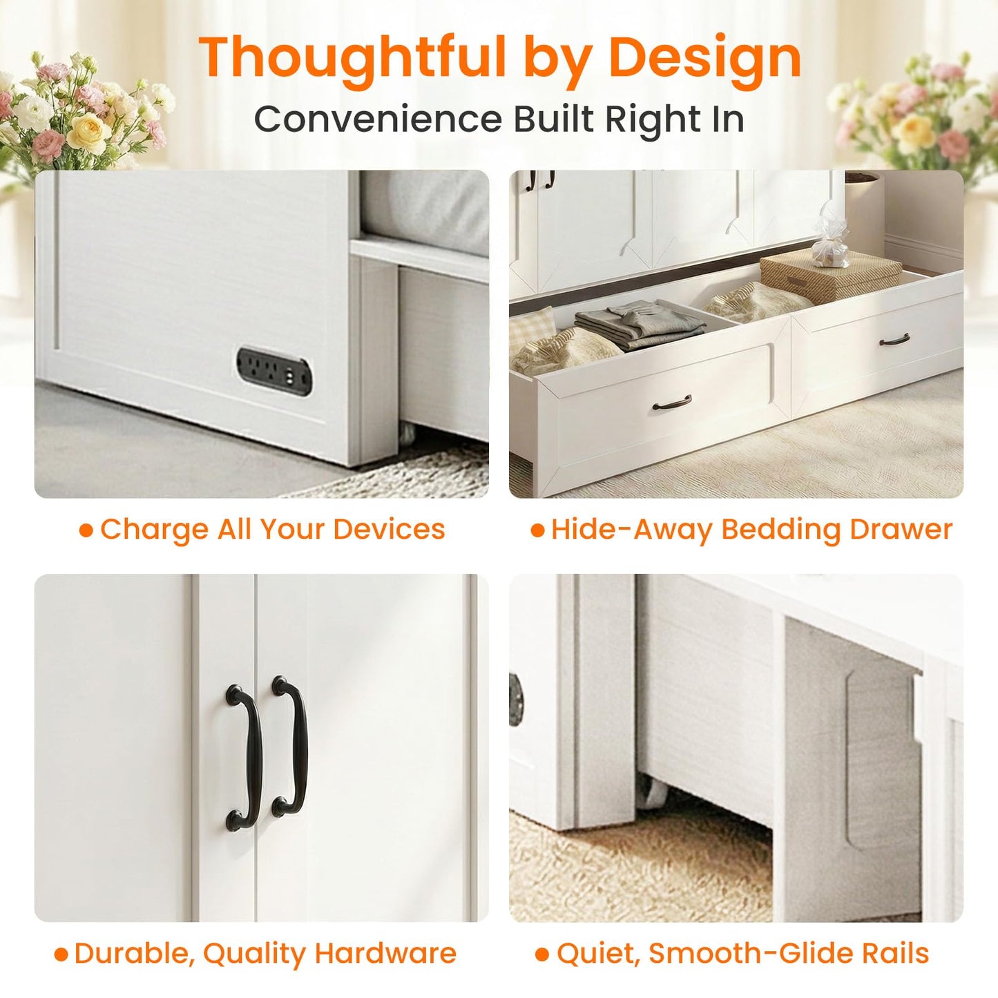 CECER Queen Size Murphy Bed with Mattress Included，Murphy Cabinet Bed Queen with Charging Station ＆ Storage Drawer for Small Spaces/Guest Room（White）