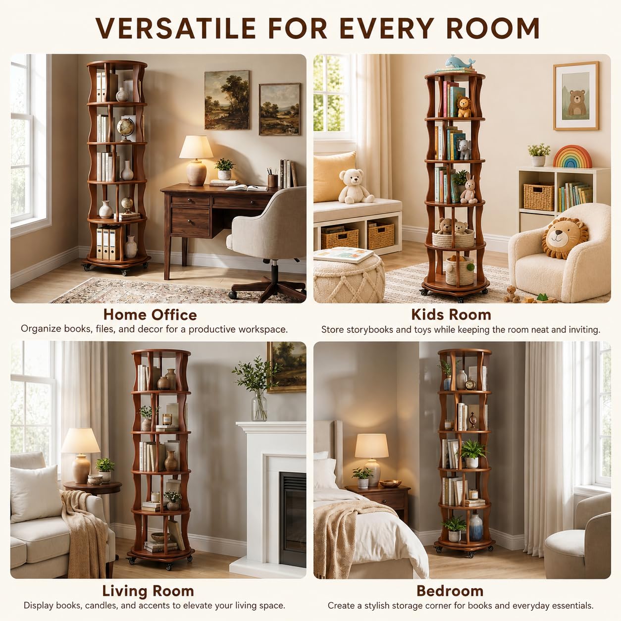5 Tier Solid Wood Rotating Bookshelf with Wheels, Round Revolving Bookcase Organizer, 360° Spinning Storage Shelf for Corner, Small Narrow Spaces, Home, Office, BedRoom,Living Room,Study Room