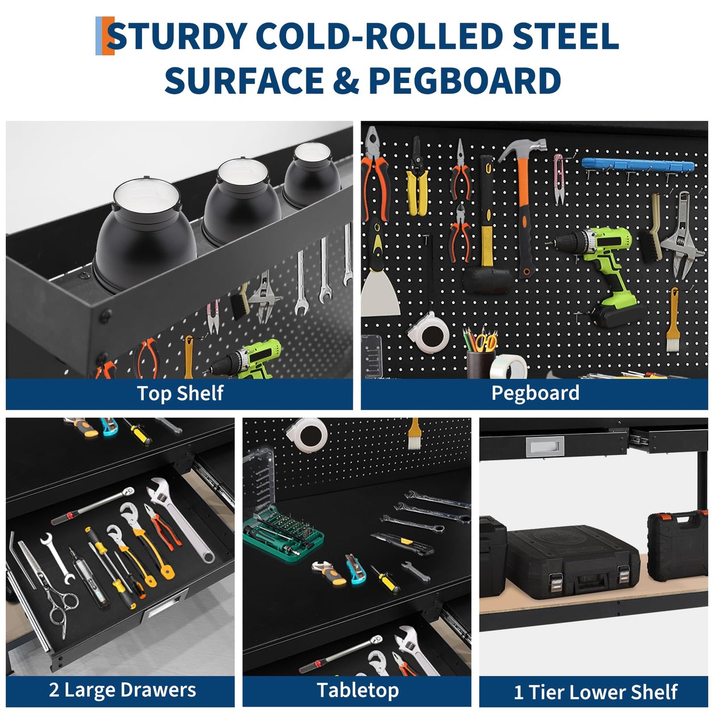 48 Inch Heavy Duty Workbench, 2 Tier Garage Workbench with Power Outlet, 2 Drawers, Pegboard, Under Shelf, Professional Industrial Work Table for Workshop, Basement