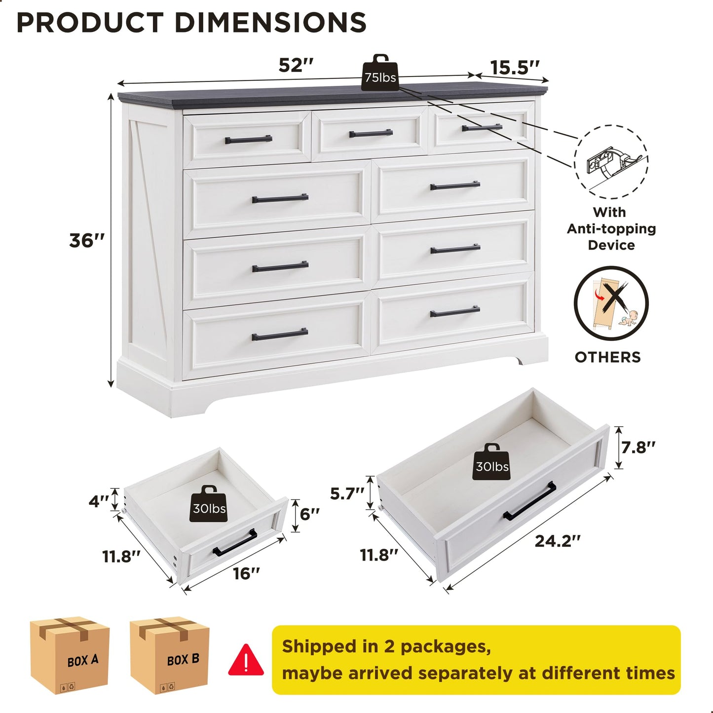 ACCOHOHO Farmhouse 9 Drawer Dresser for Bedroom, 36 Inch Tall Modern Dresser TV Stand with Large Drawers & Bar Handles, Rustic Wood Chest of Drawers for Bedroom, Living Room, Hallway, Off White