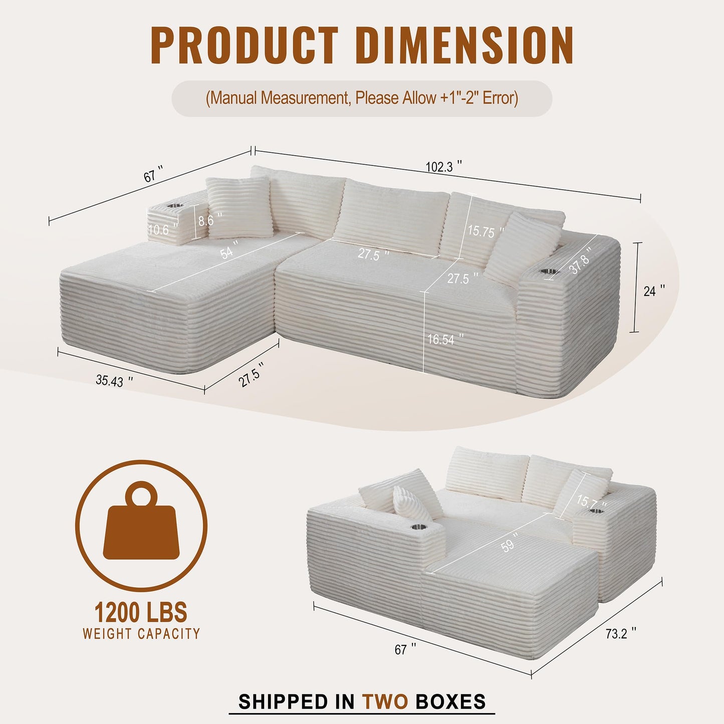 Shintenchi Boneless Couches for Living Room with 2 Cup Holders,L Shaped Modular Sectional Sofa Set,No Assembly Needed Plush Corduroy Living Room Set,Beige