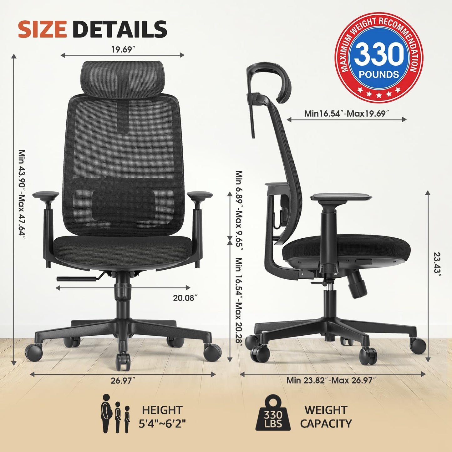 ErgoSift M1 Ergonomic Office Chair Mesh Chair, Home Office Desk Chairs with Adjustable Lumbar Support, Comfortable Computer Gaming Chair, Office Chair for Long Hours (Black)