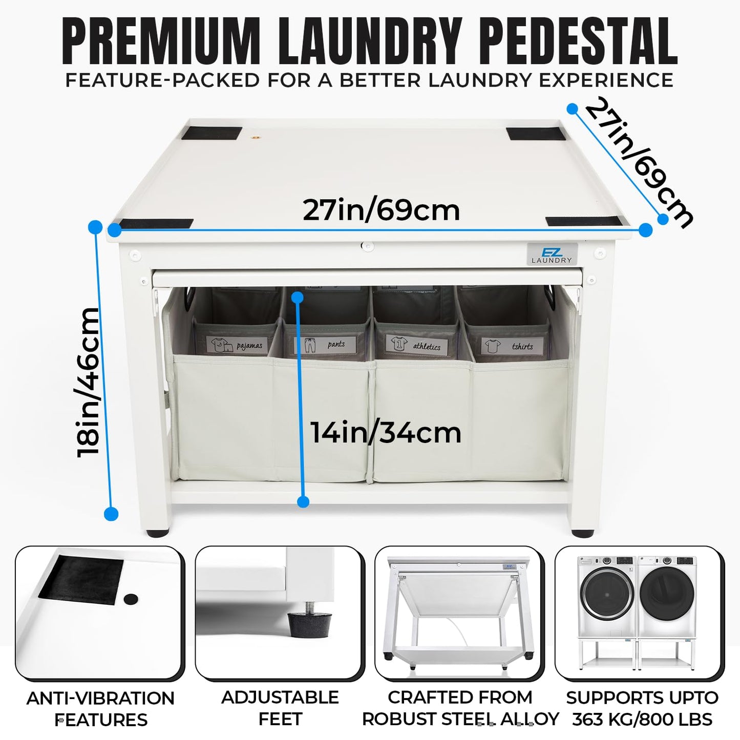 Washer and Dryer Pedestal with Pullout-Shelf - 27" W, 18" H, White Steel Universal Fit with Major Brands | Laundry Pedestal with Drain Pan & Hose | Washer Stand for Back Pain Relief, 800 lbs Capacity