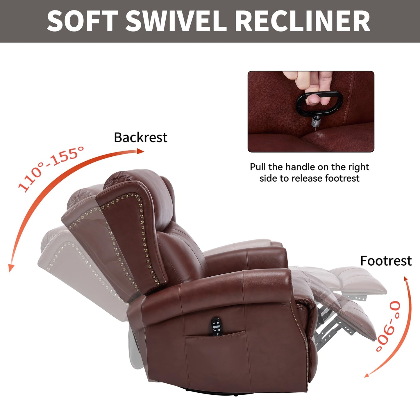 GDFStudio Heat Massage Manual Recliner Chair with Rocking and 360° Swivel Base, Genuine Leather Recliner Chair with Lumbar Heat, 8-Point Vibration Massage, 155° Reclining Living Room Chair, Wine Red