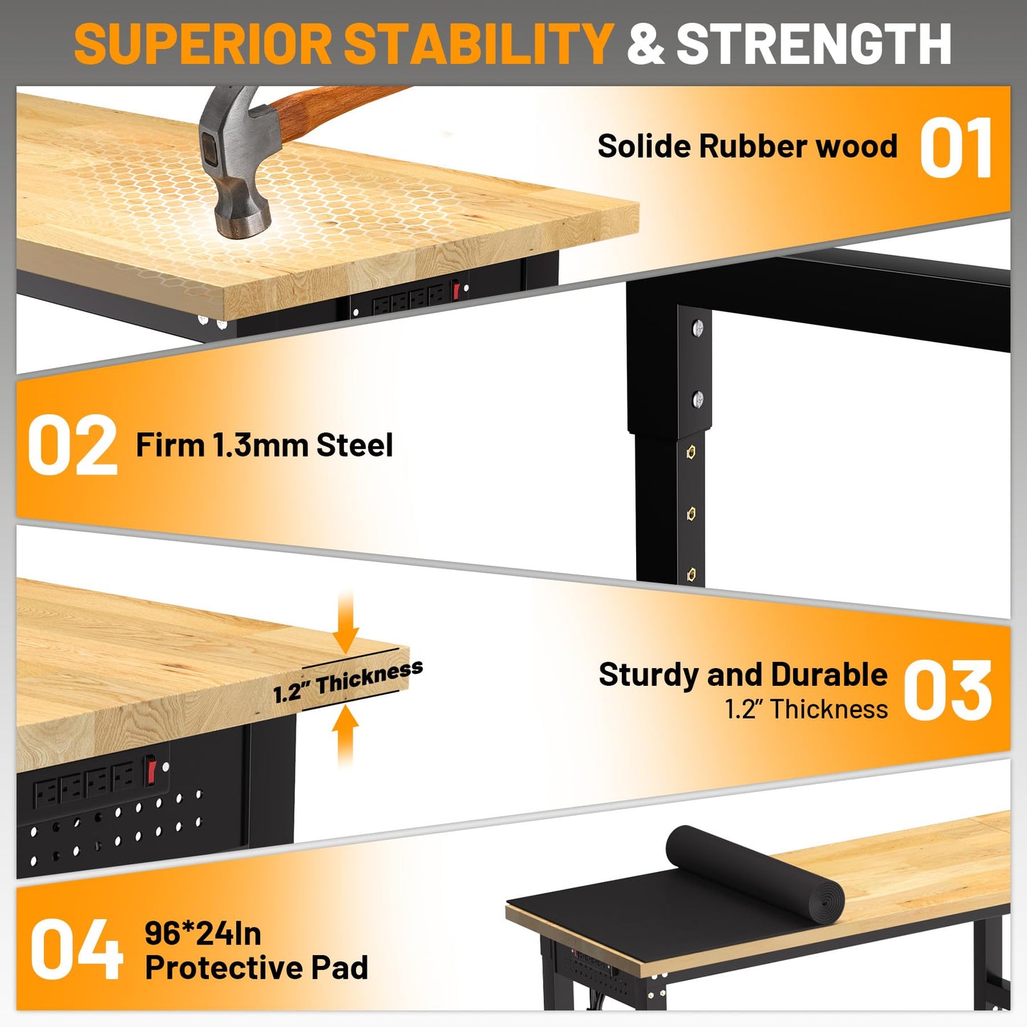 96" Adjustable Workbench, 5000 Lb Capacity Heavy-Duty Work Bench Table with Power Outlet & Pegboard, Rubber Wood Top Garage Work Table for Workshop, Garage, Office