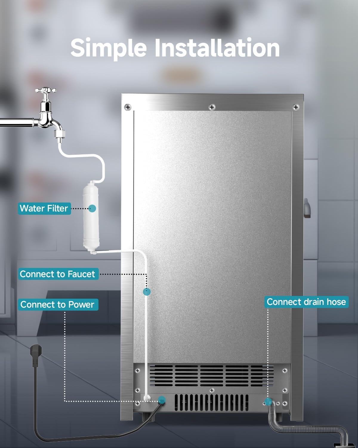 EUHOMY Commercial Ice Maker,120lbs/24H,Stainless Steel Under Counter Ice Machine with Water Filter,33lbs Storage Capacity, 45 Cubes in 8-12 Mins, Freestanding Ice Machine for Home/Bar/Cafe/Restaurant