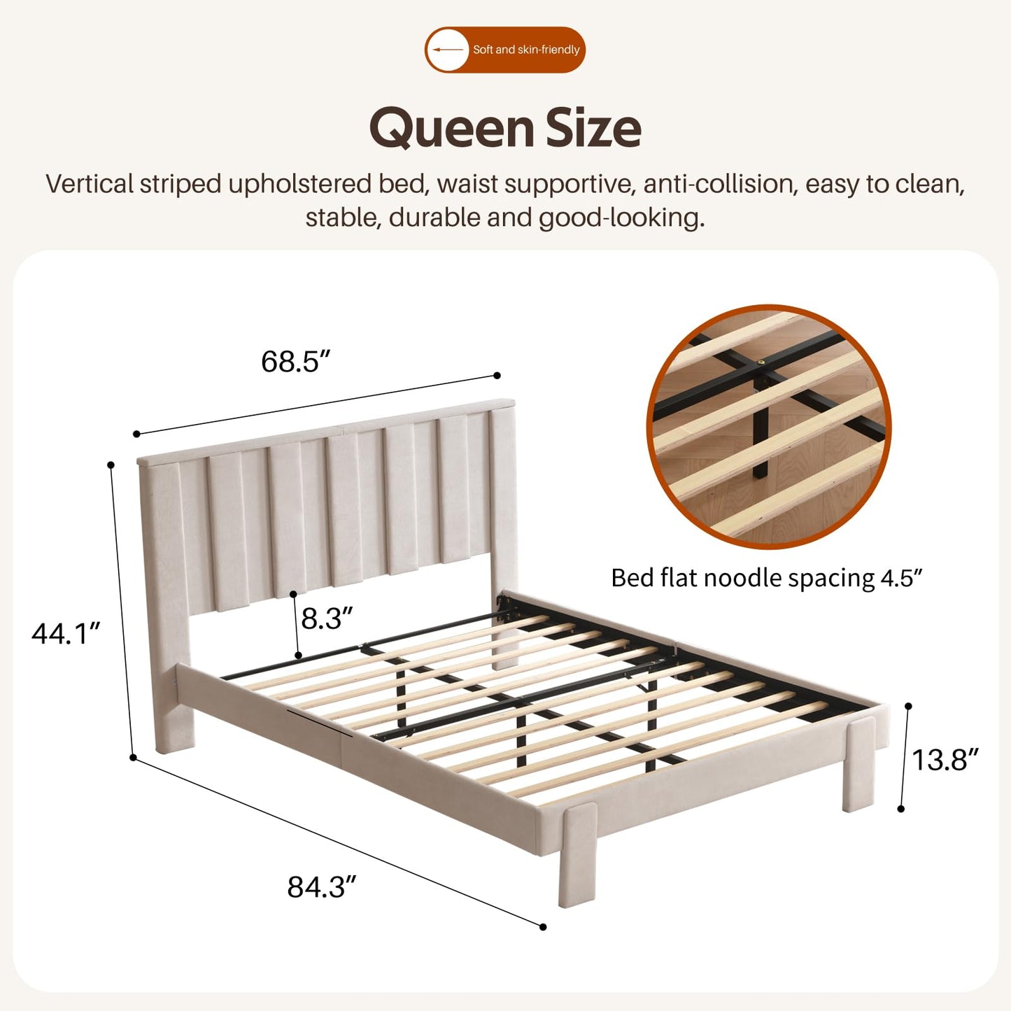 PINJU Sturdy Upholstered Platform Bed Frame with Vertical Channel Tufted Headboard, No Box Spring Needed, Easy Assembly, Noise-Free Bed Frame for Bedroom (Cream, Full)