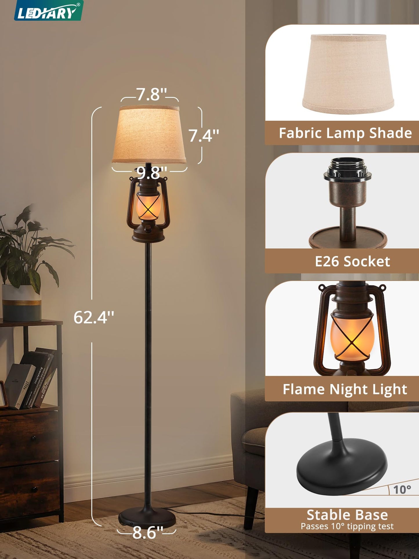 LEDIARY LED Flashing Flame Lantern Floor Lamp, Rustic Bronze, Beige Linen Shade, Ideal for Living Room and Bedroom Decor