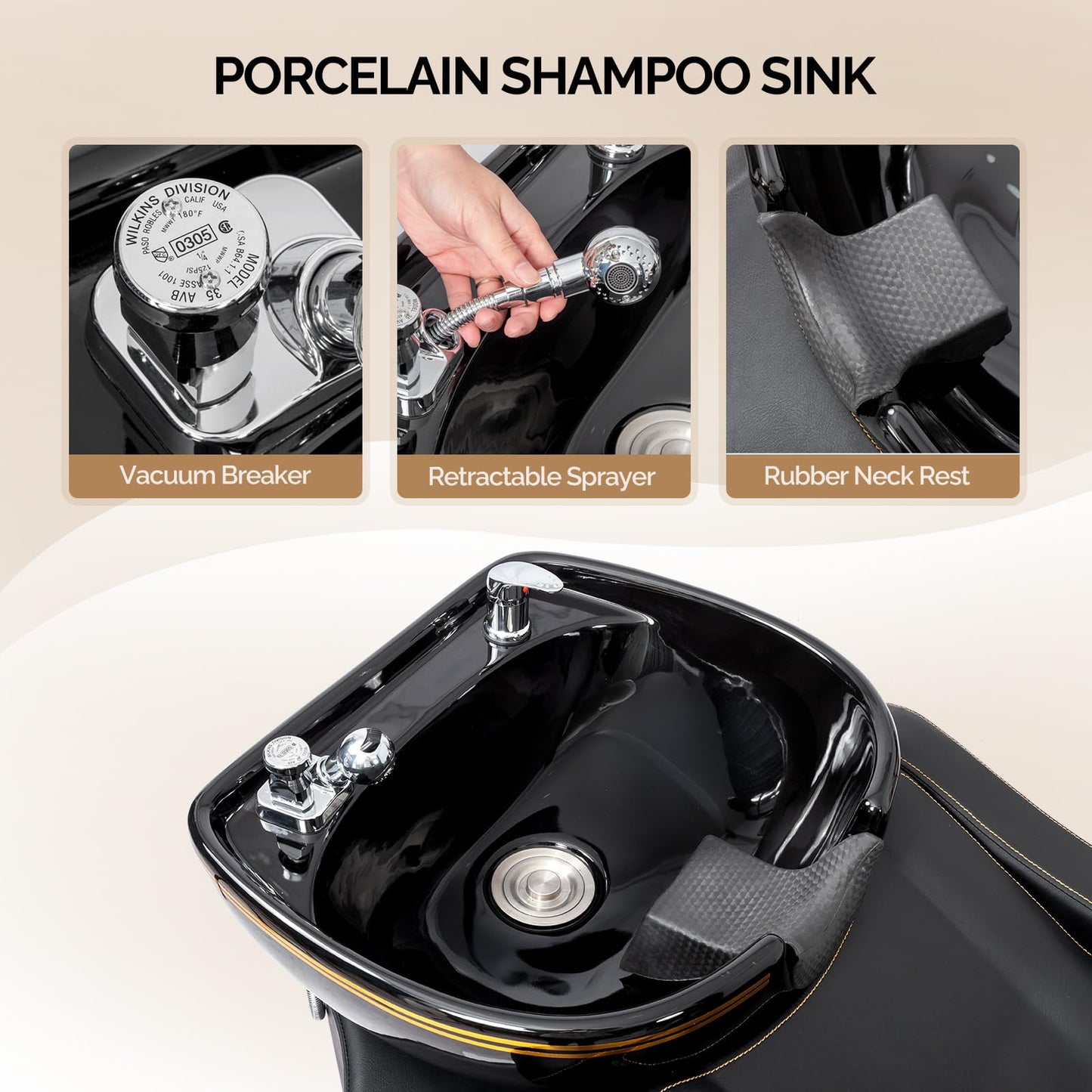 OmySalon Shampoo Backwash Unit with Large Porcelain Bowl, Salon Sink Hair Wash Chair Shampoo Station, Barbershop Beauty Spa Massage Hairdressing Equipment