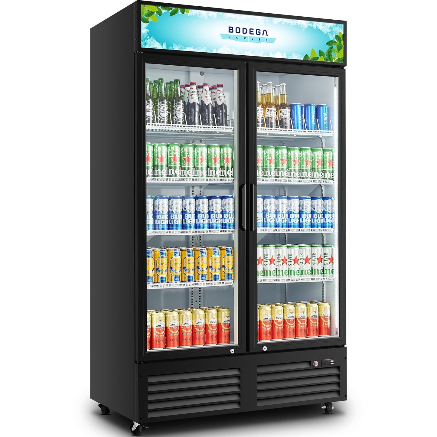 BODEGACOOLER 44.5"W 35.4 Cu. Ft Commercial Beverage Refrigerator, 2 Glass Door Merchandiser Cooler Display Refrigerator with LED Lighting, Adjustable Shelves, Temperature Control and Casters, Black