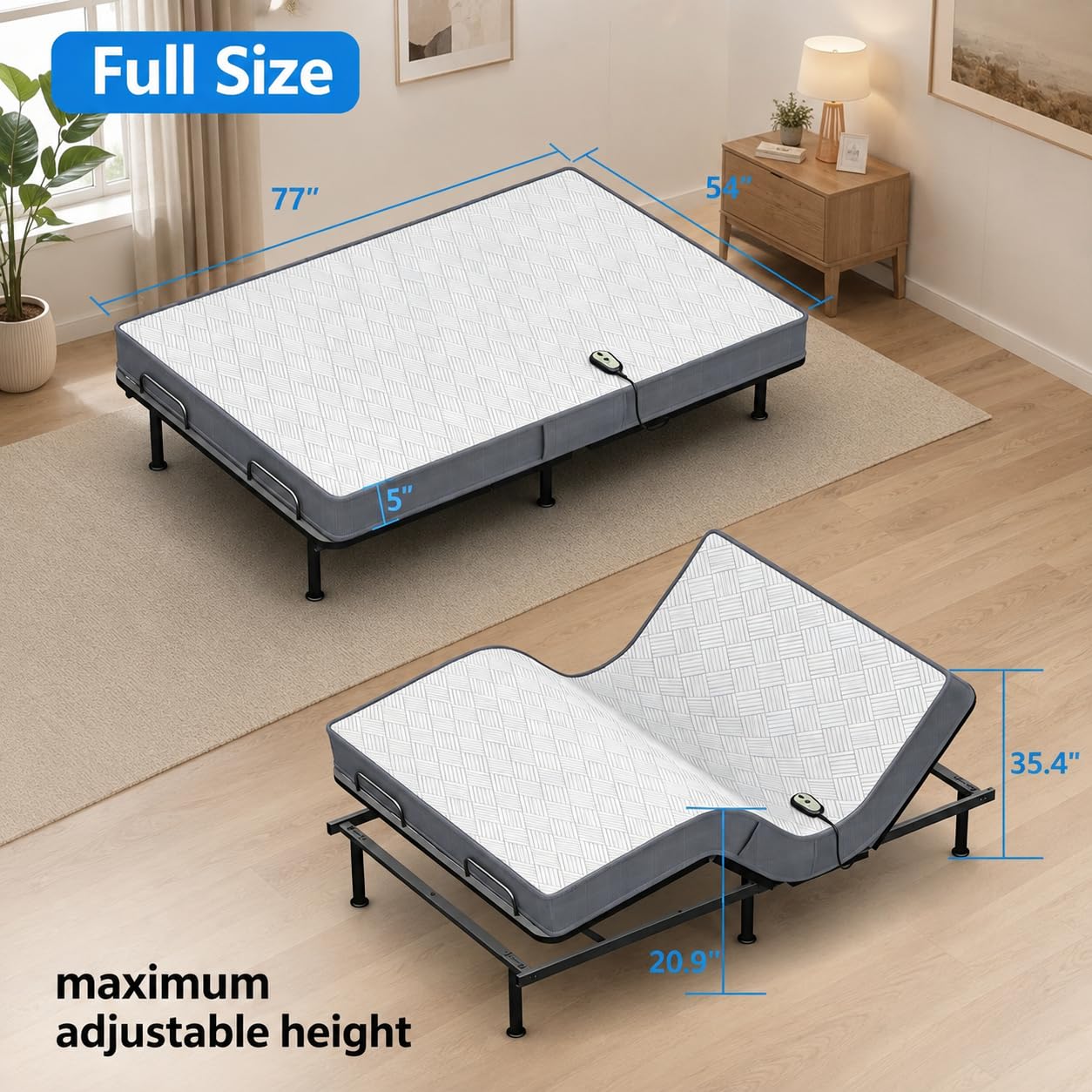 Espsilto Adjustable Bed with Mattress, Full Size, Electric, Head & Foot Incline, Adjustable Leg Heights, 77x54 Inch, Zero Gravity