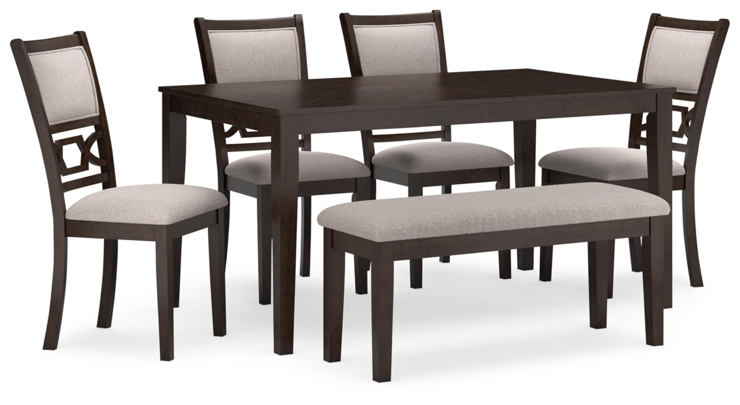 Signature Design by Ashley Langwest Dining Room Table Set, 4 Upholstered Chairs and Bench, Seats 6, Cushioned Seats, Wood, Cherry Brown