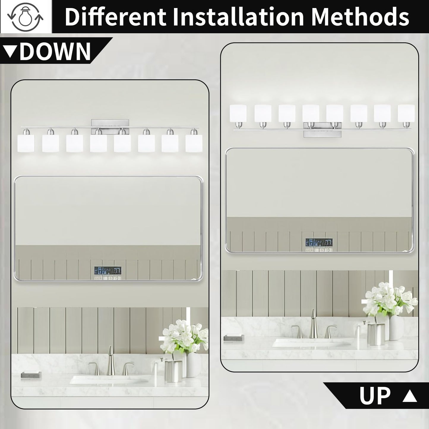 FAISHILAN Brushed Nickel Bathrooms Lights for Huge Mirror, 8 Light Anti-Rust Finish with Milky White Frosted Glass Shades, 51 Inch Above Mirror Lights for Bathroom, E26