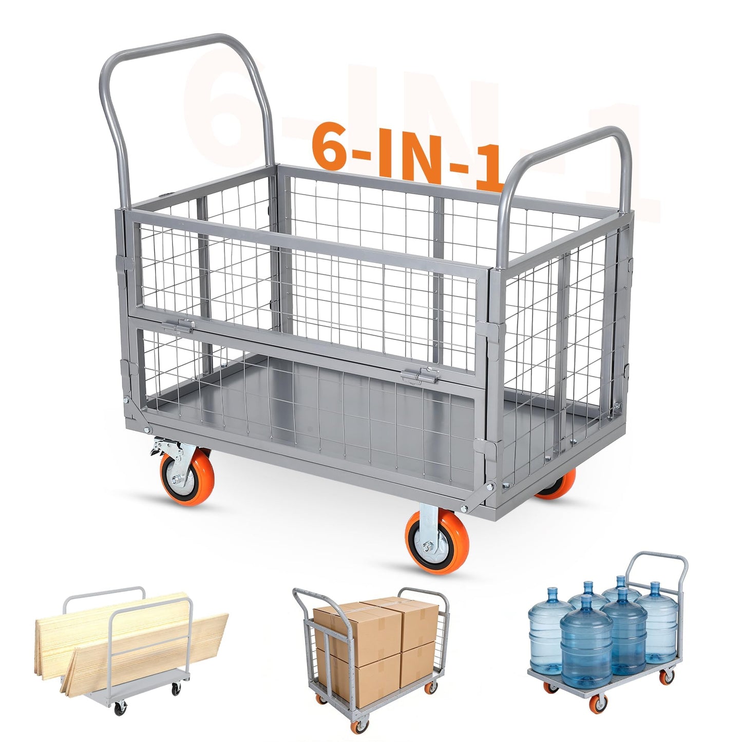 Platform Truck Cart with Cage, 6-in-1 Multi-Purpose Push Cart Dolly, Foldable Hand Truck Load 1800 LBS with 4 Wheels Flatbed Cart for Grocery, Laundry, Garage, Warehouse,Silver