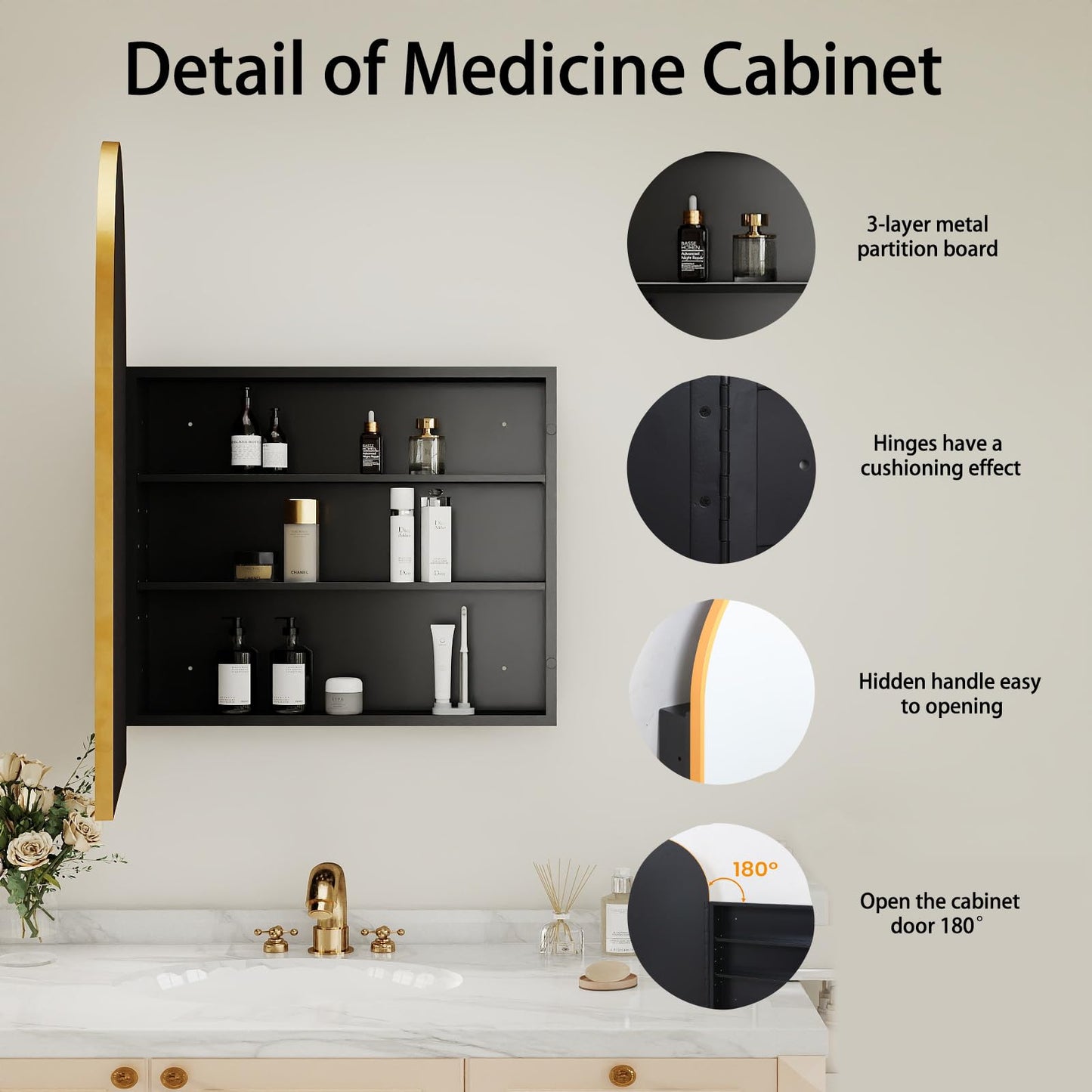 VIWILII Gold Metal Medicine Cabinet Arched-Design,Bathroom Mirror with Storage, Recessed or Surface Mounted, 2 Adjustable Metal Shelves (Brushed Gold, 24x32)