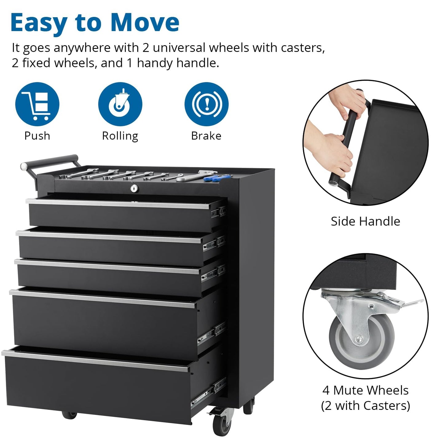 5-Drawer Rolling Tool Chest,Tool Cabinet on Wheels with Keyed Locking System and Drawer Liners,Tool Chest with Link Buckle and Can Be Combined to Large Cabinet Set,for Garage, Warehouse & Repair Shop