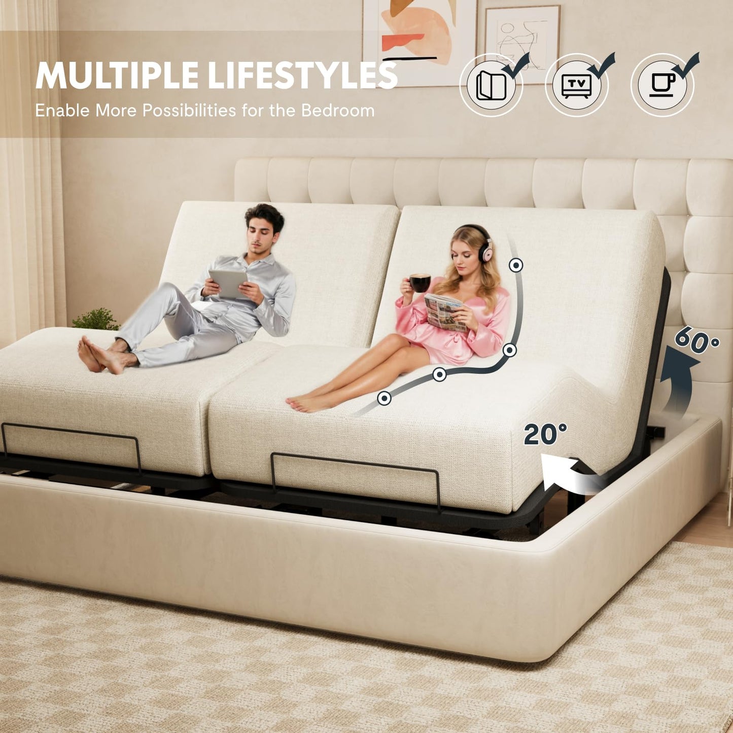 FLEXISPOT Adjustable Bed Frame Base Split King,Segmented Design,Easy Assemble,Oxford Fabric Bedspread,Wired Remote,Whisper Quiet Durable Motor,Mattress Holder.