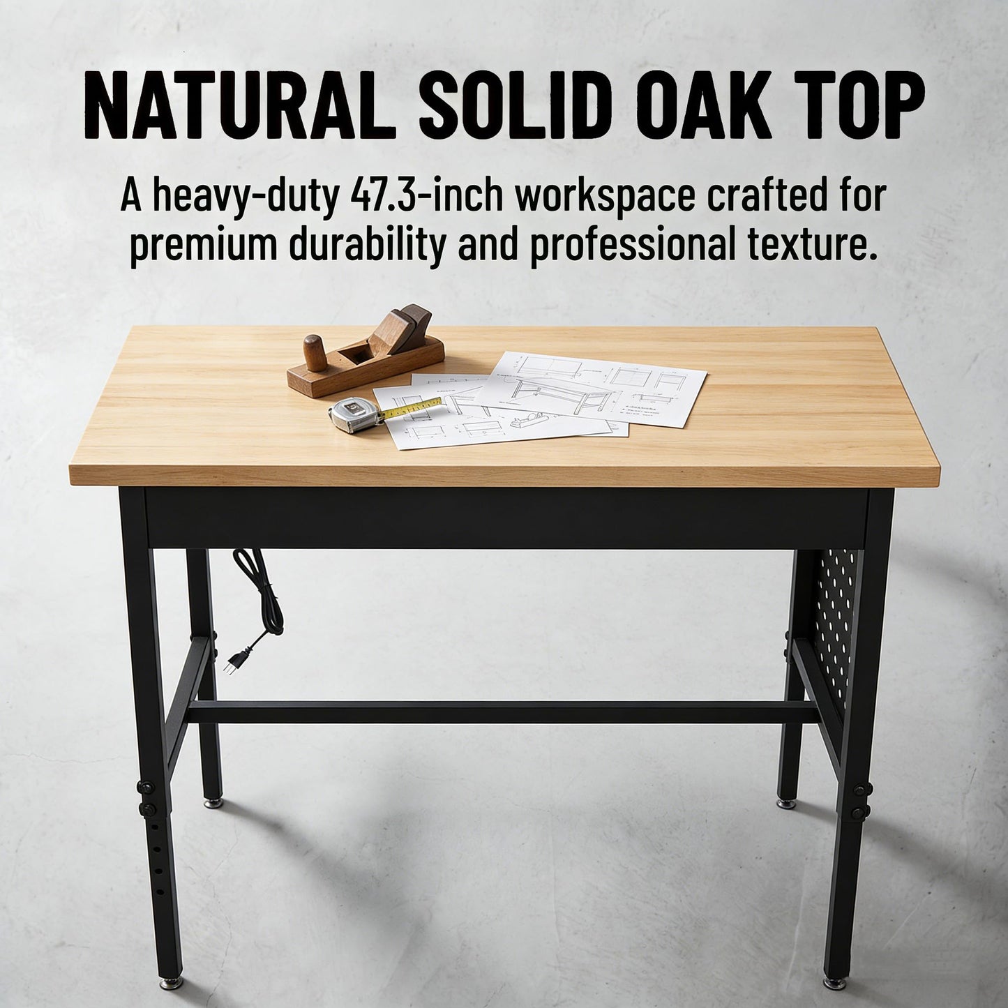 KEIKI 60 Inch Heavy-Duty Adjustable Work Bench for Garage Workshop, Power Outlets Shop Table with USB Ports, 2500 Lbs Capacity Hardwood Top, 6 Level Height Adjustable Metal Frame with Wheels, Black
