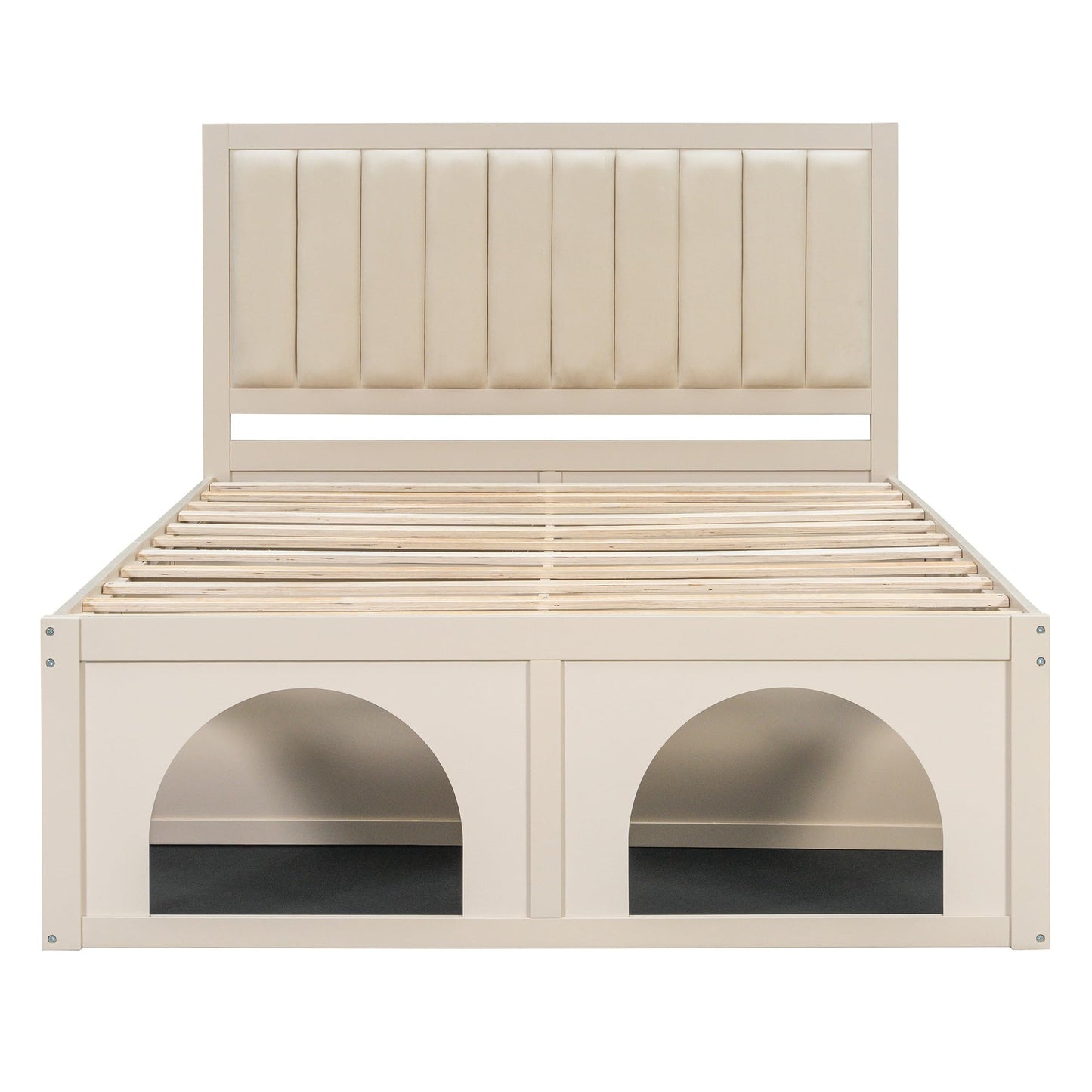 Christopher Knight Home Queen Size Pet-Friendly Platform Bed Frame with Upholstered Headboard, Elevated Bed with Under-Bed Pet Nook and Storage Space, Wood Slat Support, No Box Spring Needed, Beige