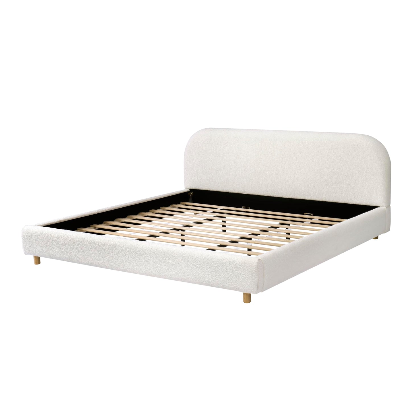 Christopher Knight Home Hazel California King Bed Frame with Headboard, Boucle Upholstered Platform Bed, Wooden Frame, Soft Curved Headboard, Slats Panel Support, No Box Spring Needed, White