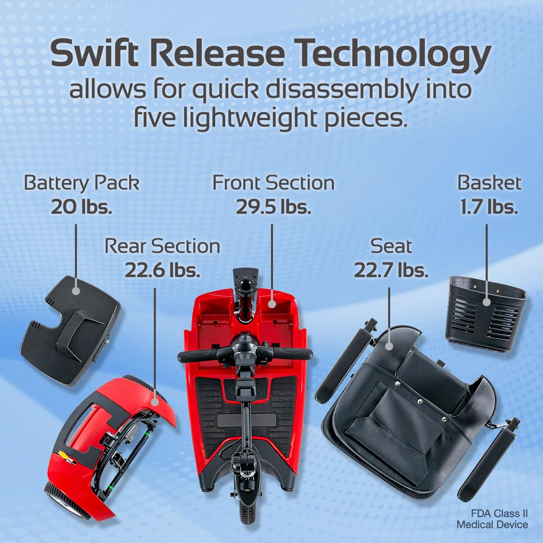 Rascal Venture 3-Wheel Portable Mobility Scooter for Travel, Easy Disassembly, Compact Design, 300 lb Capacity, Battery Included