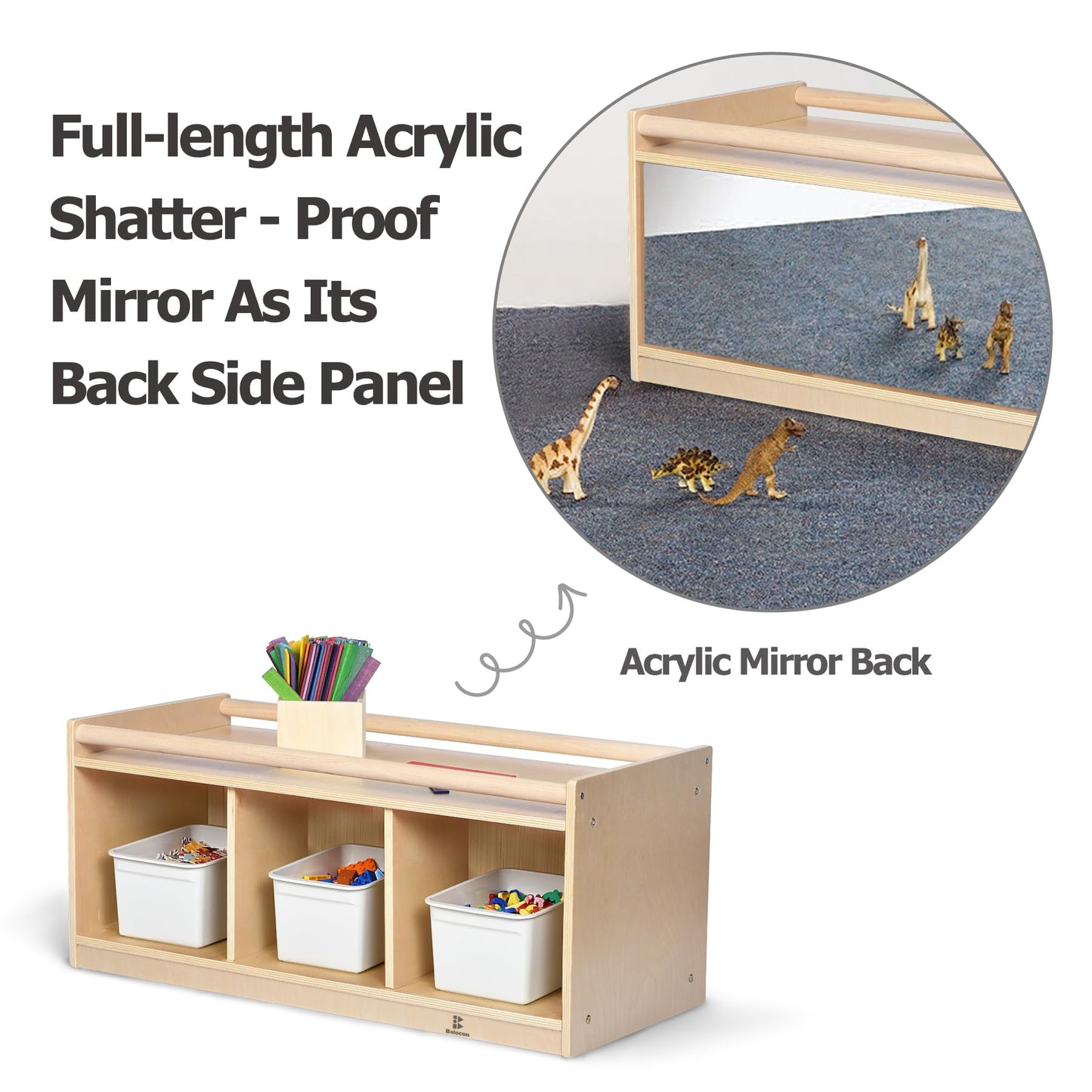 Toddler Toy Storage w/ Mirror Back, Baby Preschool and Daycare Cubbies w/ 2 Top Holding Handrail, Little Kids Tummy Time Furniture, Home, Classroom, Montessori Book Browser (1 Tier w/ Mirror Back)