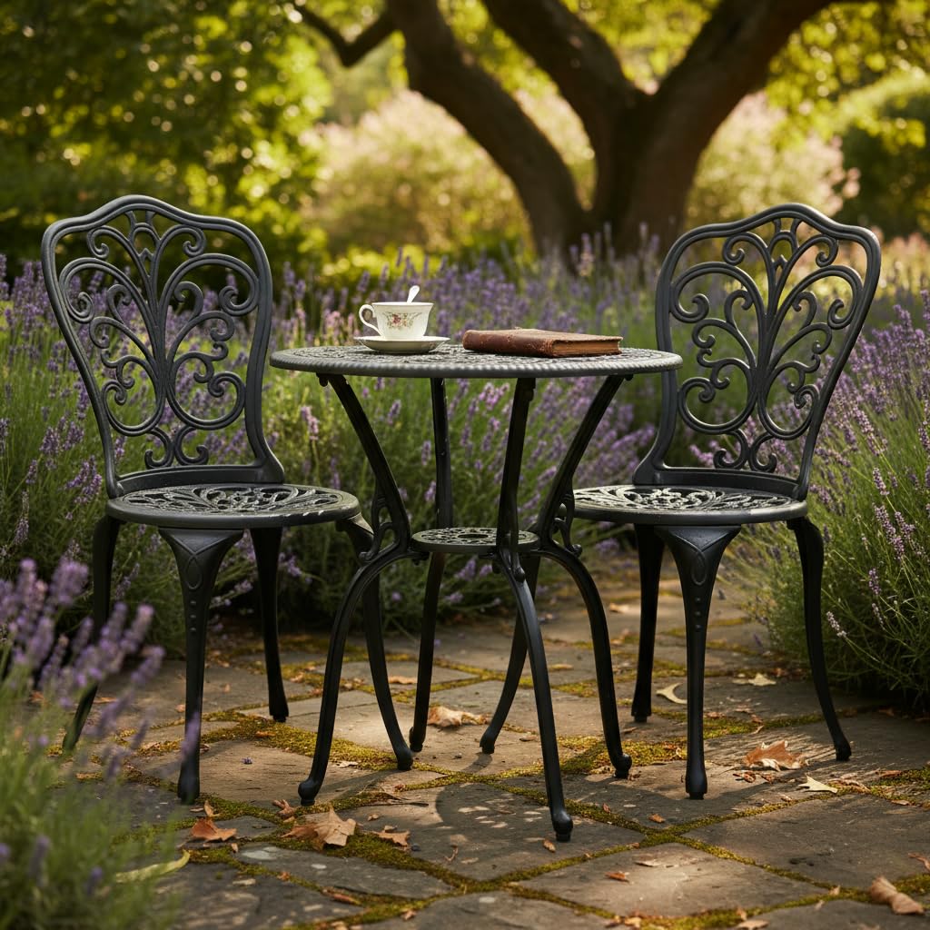 GDFStudio 3-Piece Outdoor Cast Aluminum Patio Bistro Set, Outdoor Bistro Furniture Set with Round Table and 2 Chairs for Patio, Balcony, Porch, Garden & Backyard, Weather-Resistant Patio Set, Black